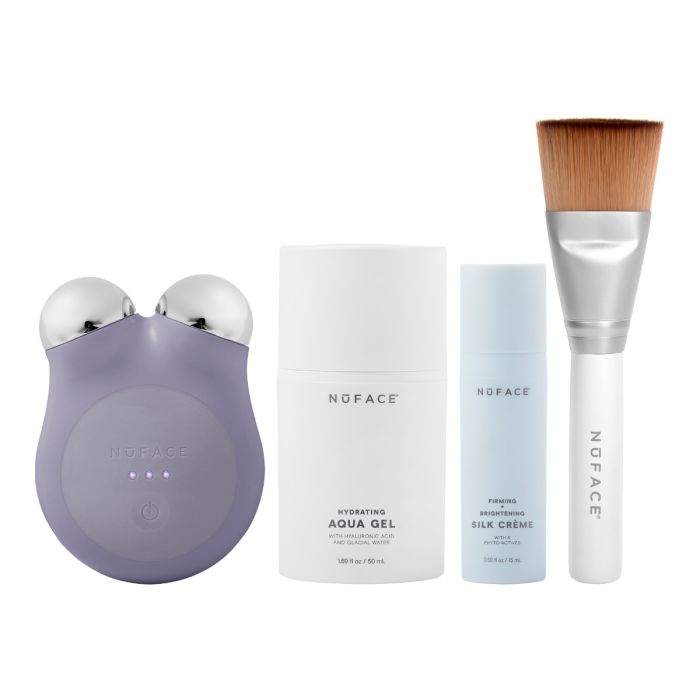 nuface mini+ violet dusk uredjaj, aqua gel activator, silk creme activator i clean sweep cetka za lice