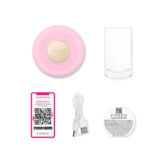 Foreo UFO 3 Mini Pearl Pink uređaj, kabel i uputstvo
