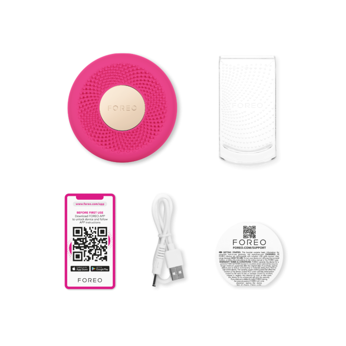 Foreo UFO 3 Mini Fuchsia uređaj, kabel i uputstvo